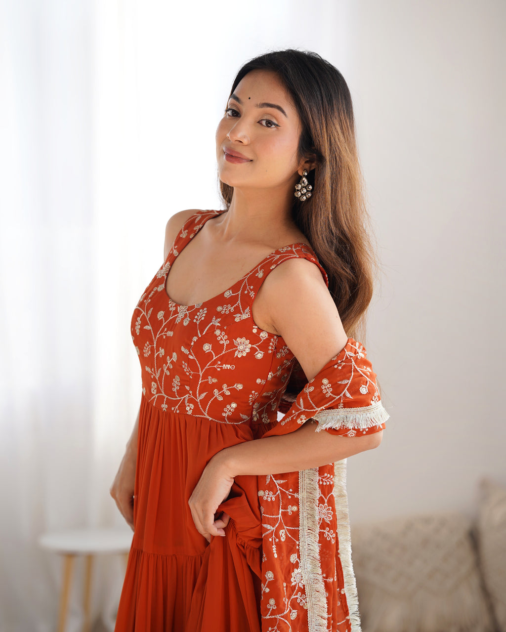 Rust Orange Embroidered Anarkali Gown with Tiered Skirt and Matching Dupatta