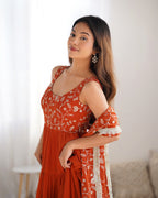 Rust Orange Embroidered Anarkali Gown with Tiered Skirt and Matching Dupatta