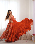 Rust Orange Embroidered Anarkali Gown with Tiered Skirt and Matching Dupatta