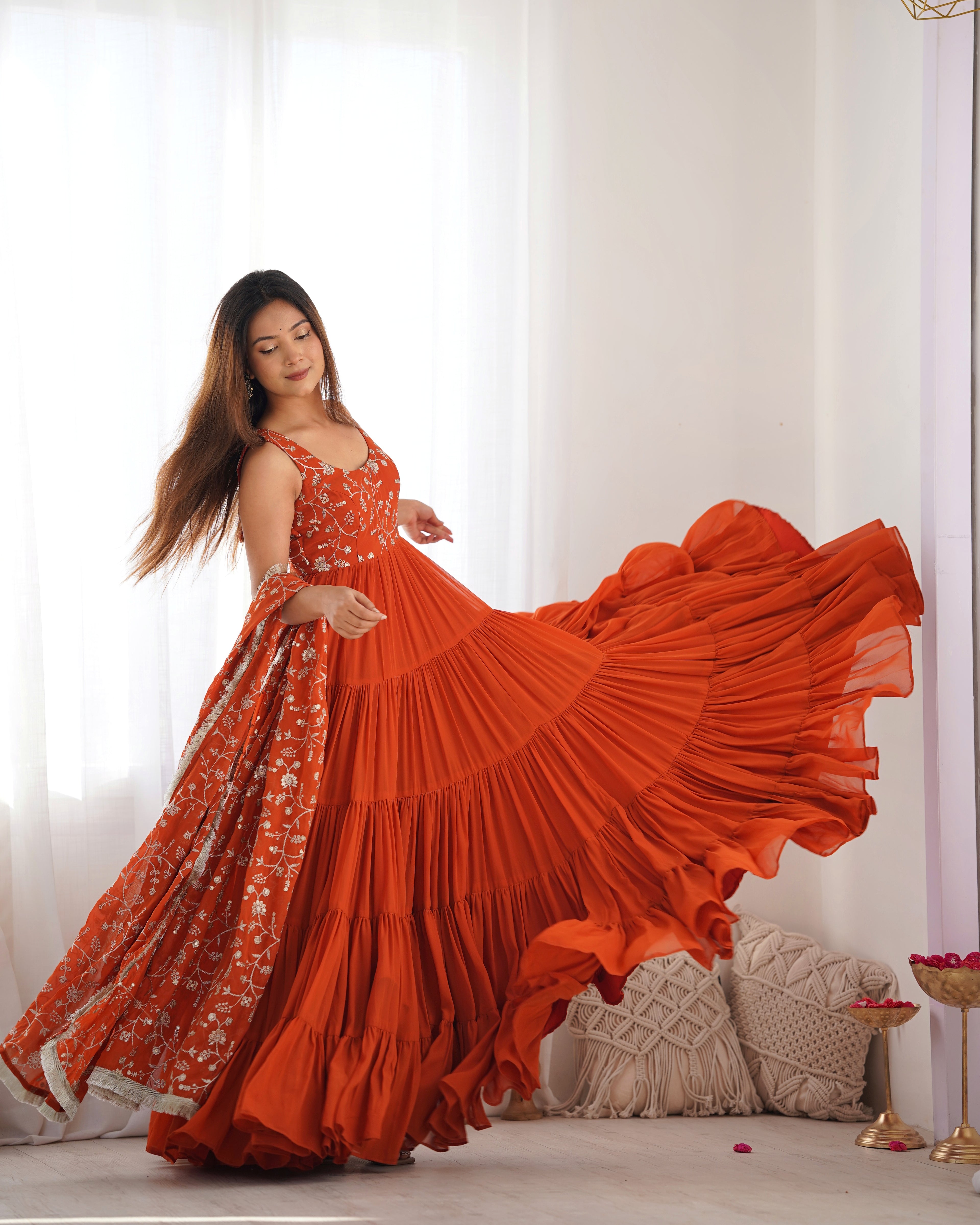 Rust Orange Embroidered Anarkali Gown with Tiered Skirt and Matching Dupatta