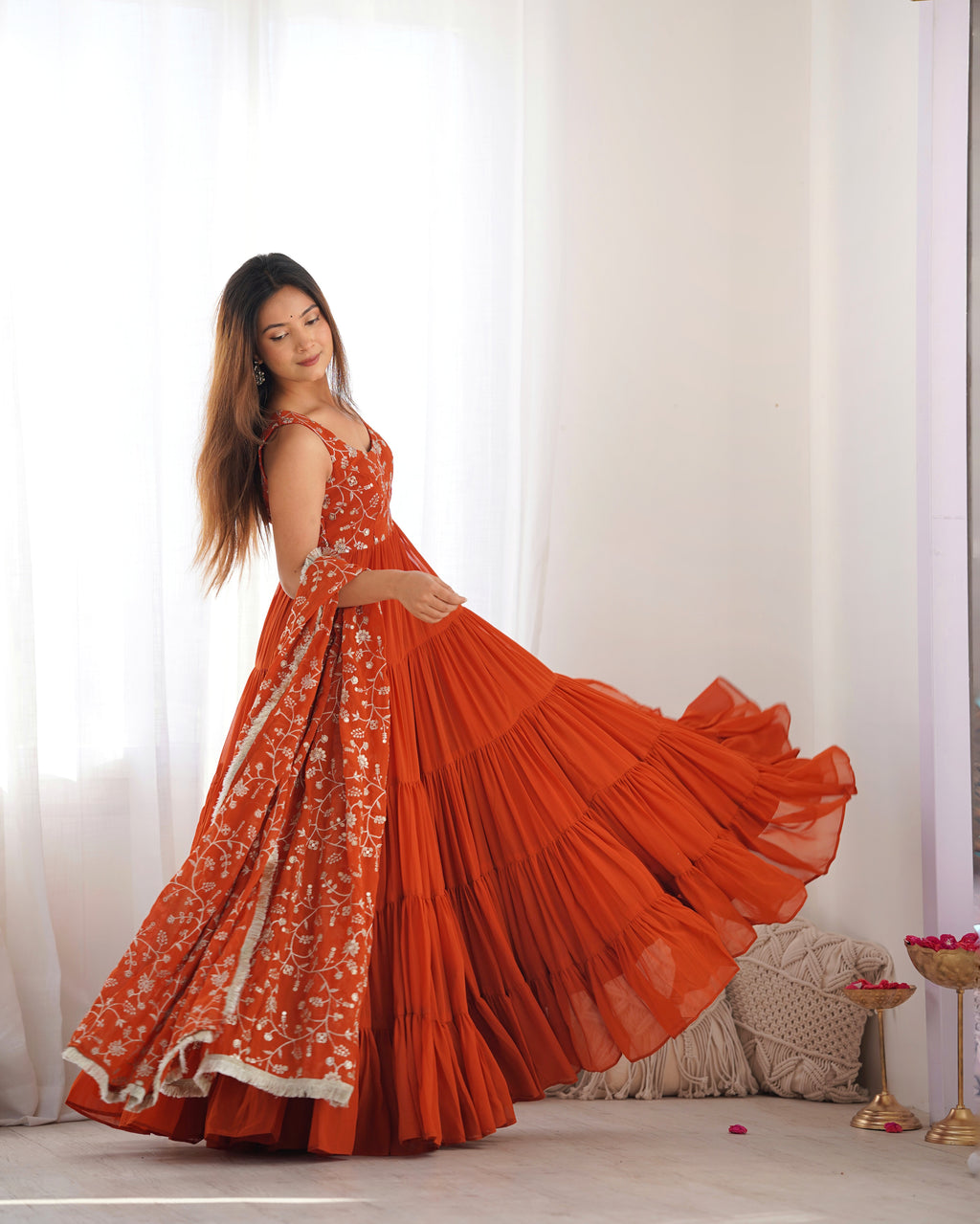 Rust Orange Embroidered Anarkali Gown with Tiered Skirt and Matching Dupatta
