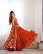 Rust Orange Embroidered Anarkali Gown with Tiered Skirt and Matching Dupatta