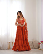 Rust Orange Embroidered Anarkali Gown with Tiered Skirt and Matching Dupatta