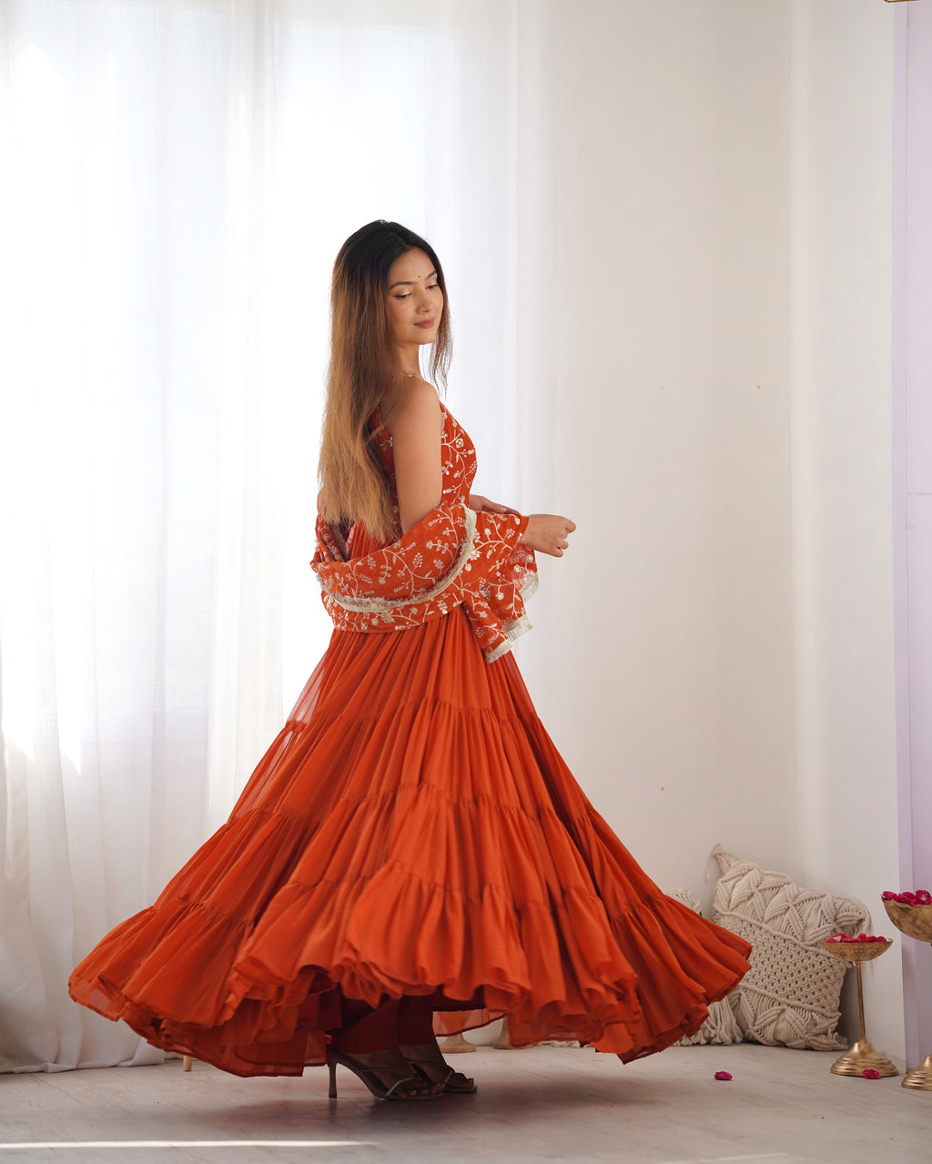 Rust Orange Embroidered Anarkali Gown with Tiered Skirt and Matching Dupatta