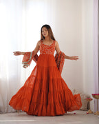 Rust Orange Embroidered Anarkali Gown with Tiered Skirt and Matching Dupatta