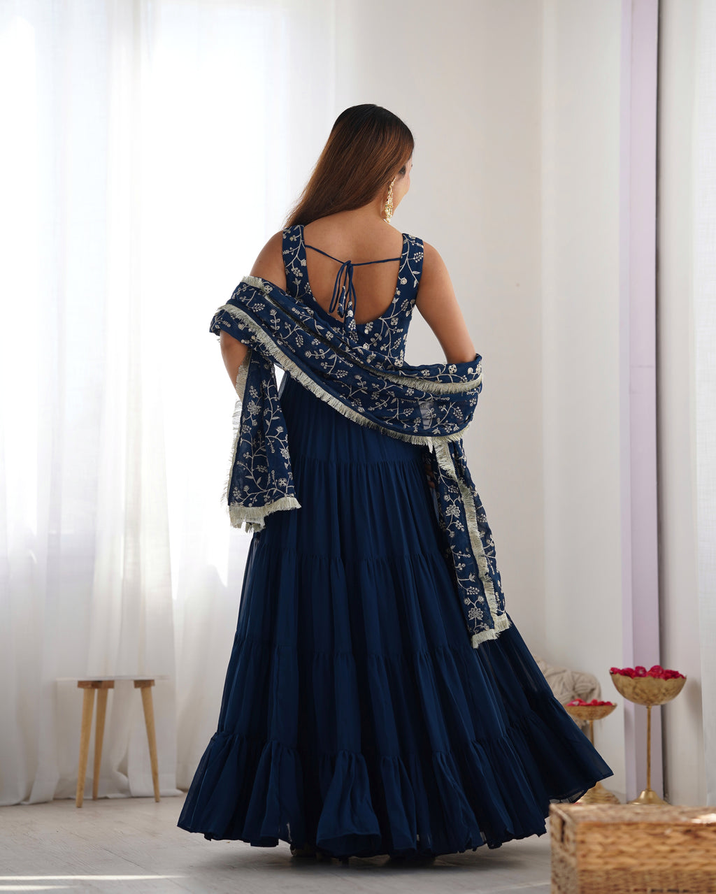 Navy Blue Embroidered Anarkali Kurta set with Tiered Skirt and Matching Dupatta