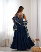Navy Blue Embroidered Anarkali Kurta set with Tiered Skirt and Matching Dupatta