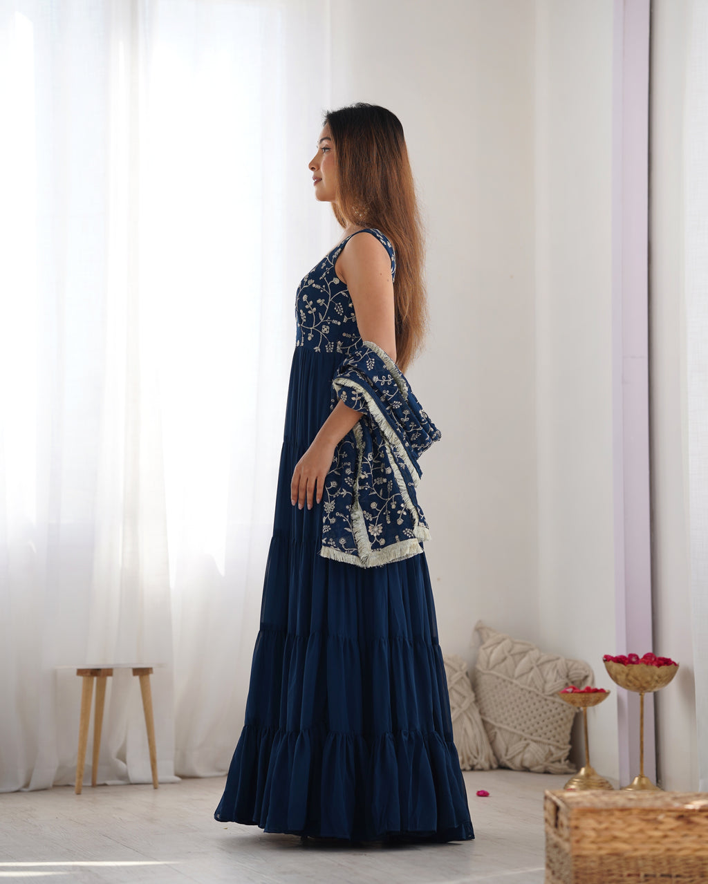 Navy Blue Embroidered Anarkali Kurta set with Tiered Skirt and Matching Dupatta
