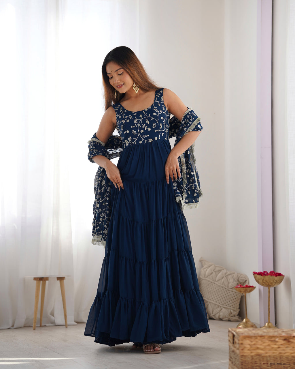 Navy Blue Embroidered Anarkali Kurta set with Tiered Skirt and Matching Dupatta