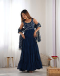 Navy Blue Embroidered Anarkali Kurta set with Tiered Skirt and Matching Dupatta