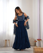 Navy Blue Embroidered Anarkali Kurta set with Tiered Skirt and Matching Dupatta