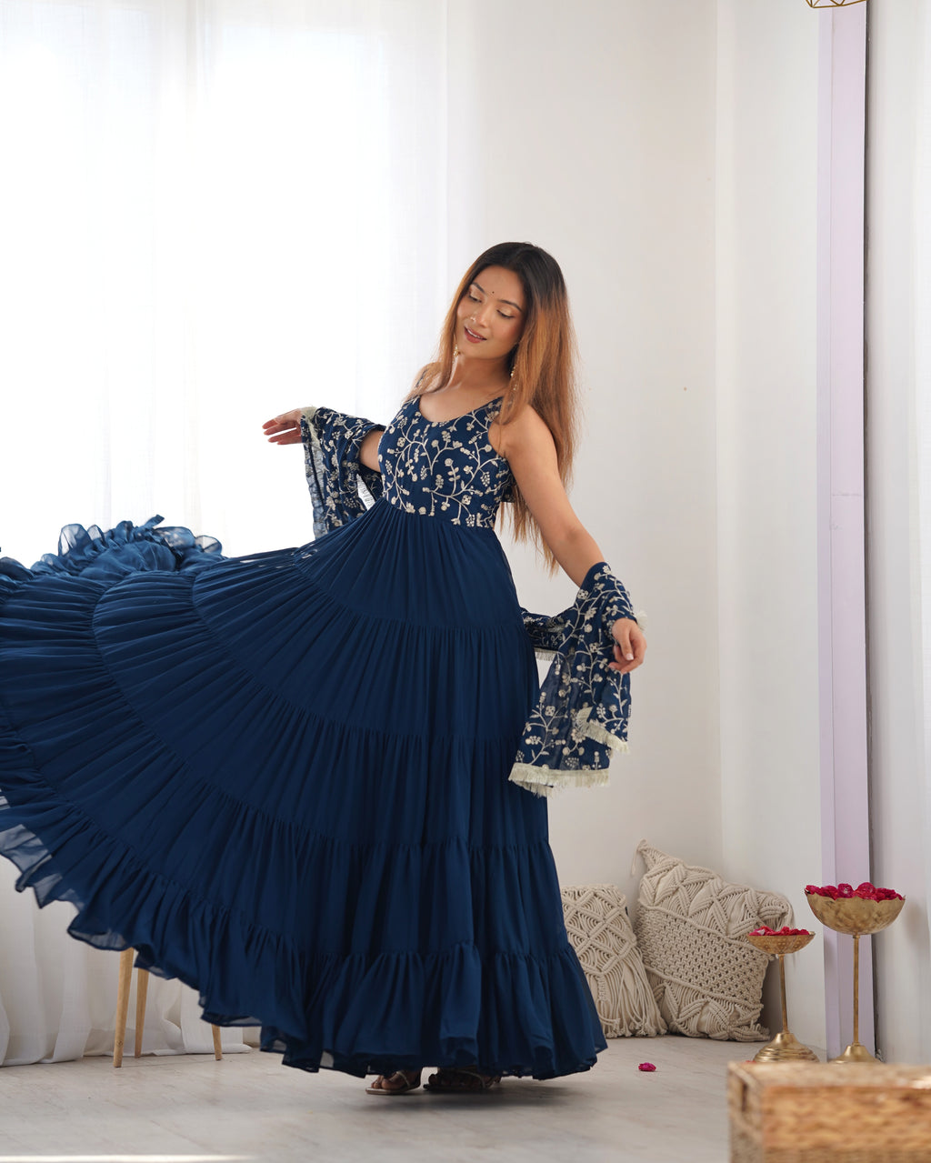 Navy Blue Embroidered Anarkali Kurta set with Tiered Skirt and Matching Dupatta