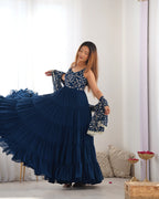 Navy Blue Embroidered Anarkali Kurta set with Tiered Skirt and Matching Dupatta