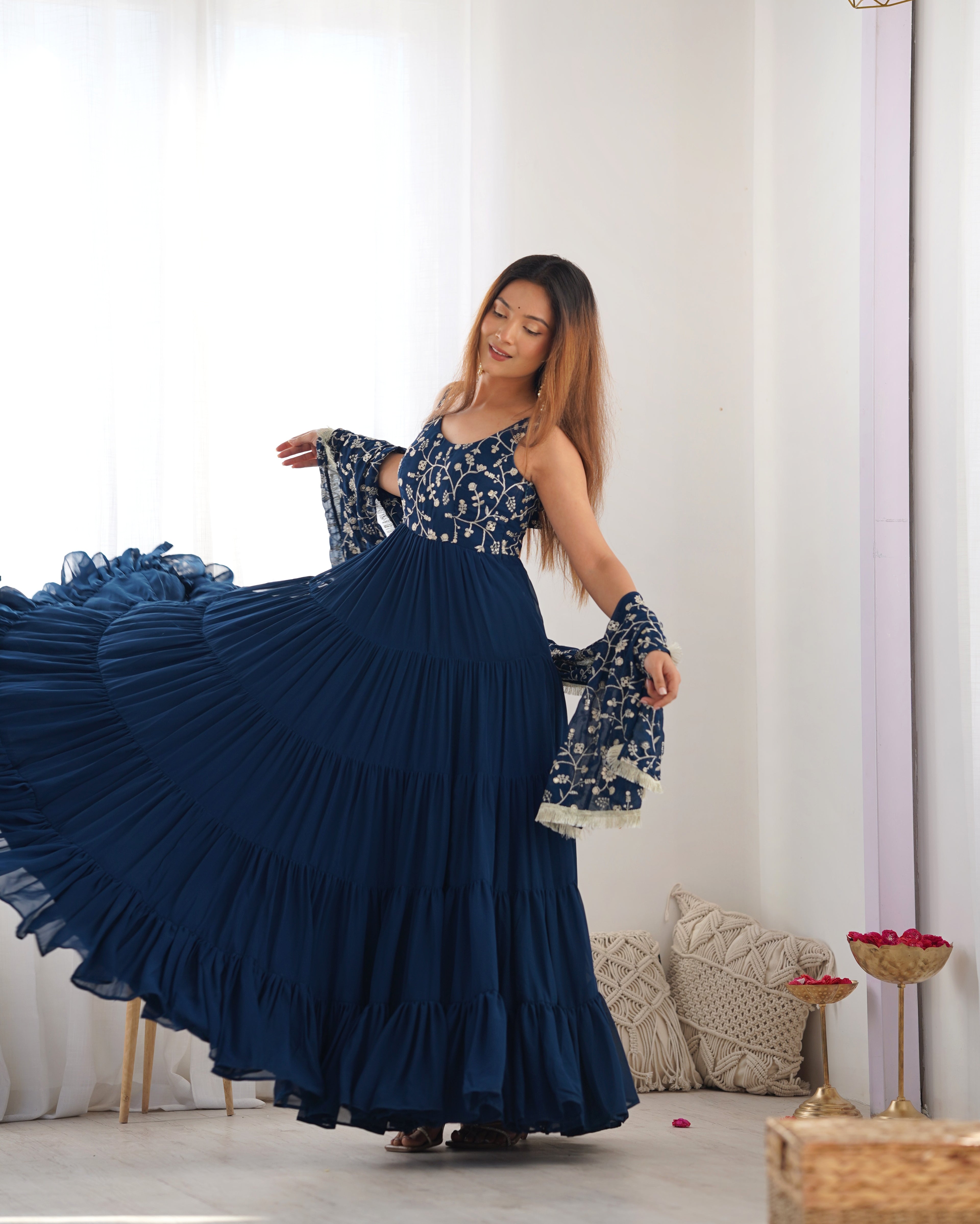 Navy Blue Embroidered Anarkali Kurta set with Tiered Skirt and Matching Dupatta