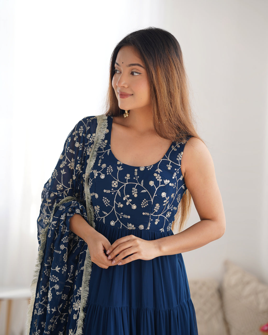 Navy Blue Embroidered Anarkali Kurta set with Tiered Skirt and Matching Dupatta