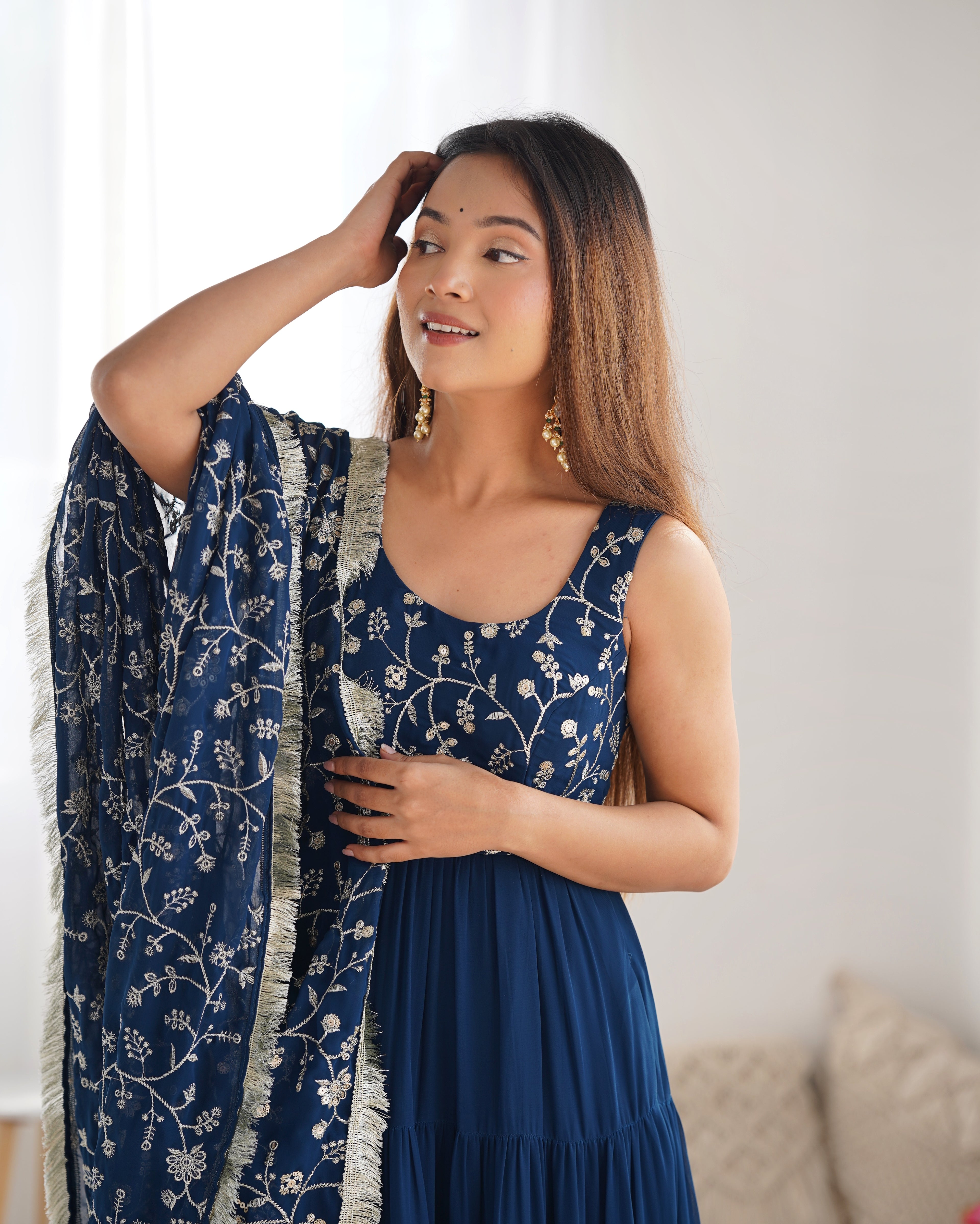 Navy Blue Embroidered Anarkali Kurta set with Tiered Skirt and Matching Dupatta