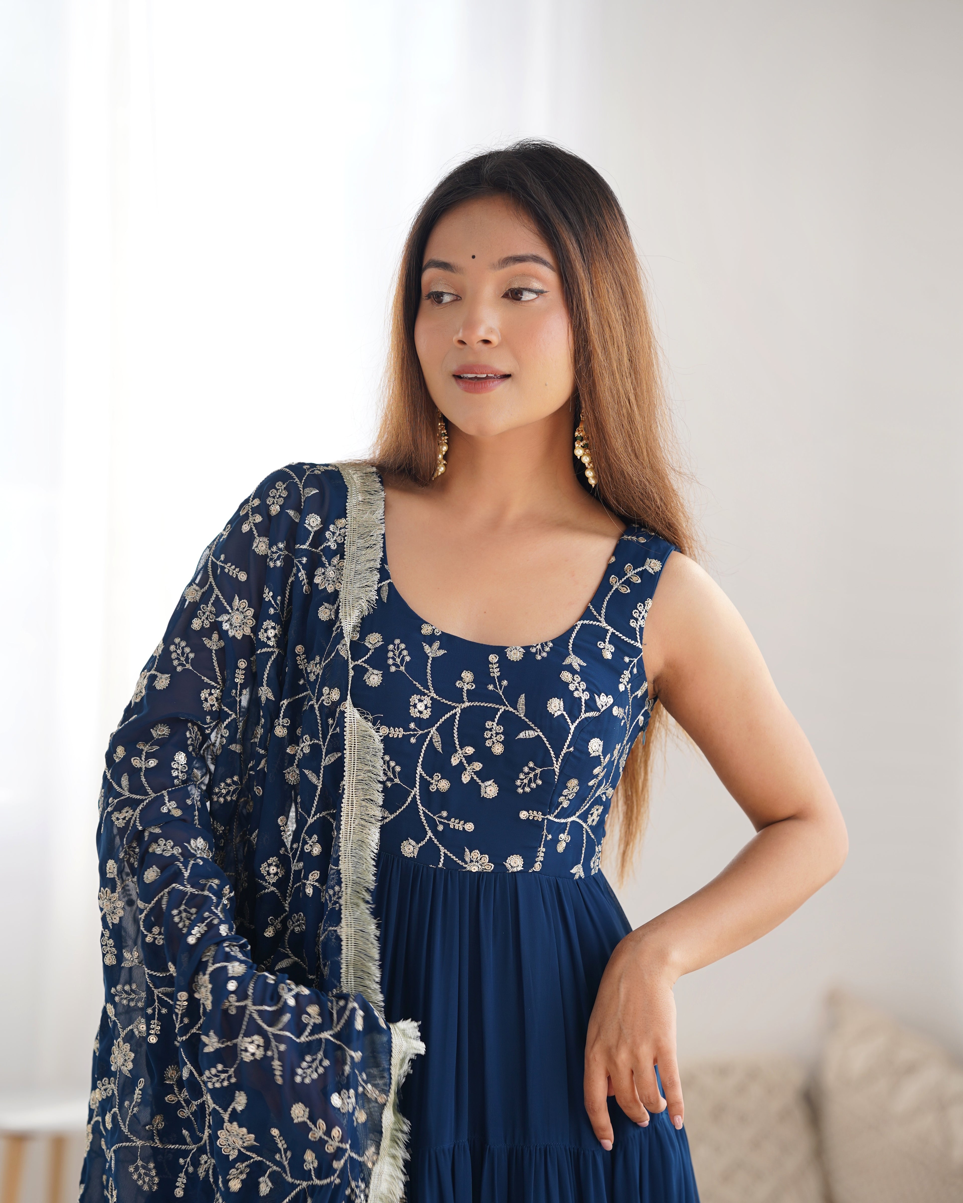 Navy Blue Embroidered Anarkali Kurta set with Tiered Skirt and Matching Dupatta