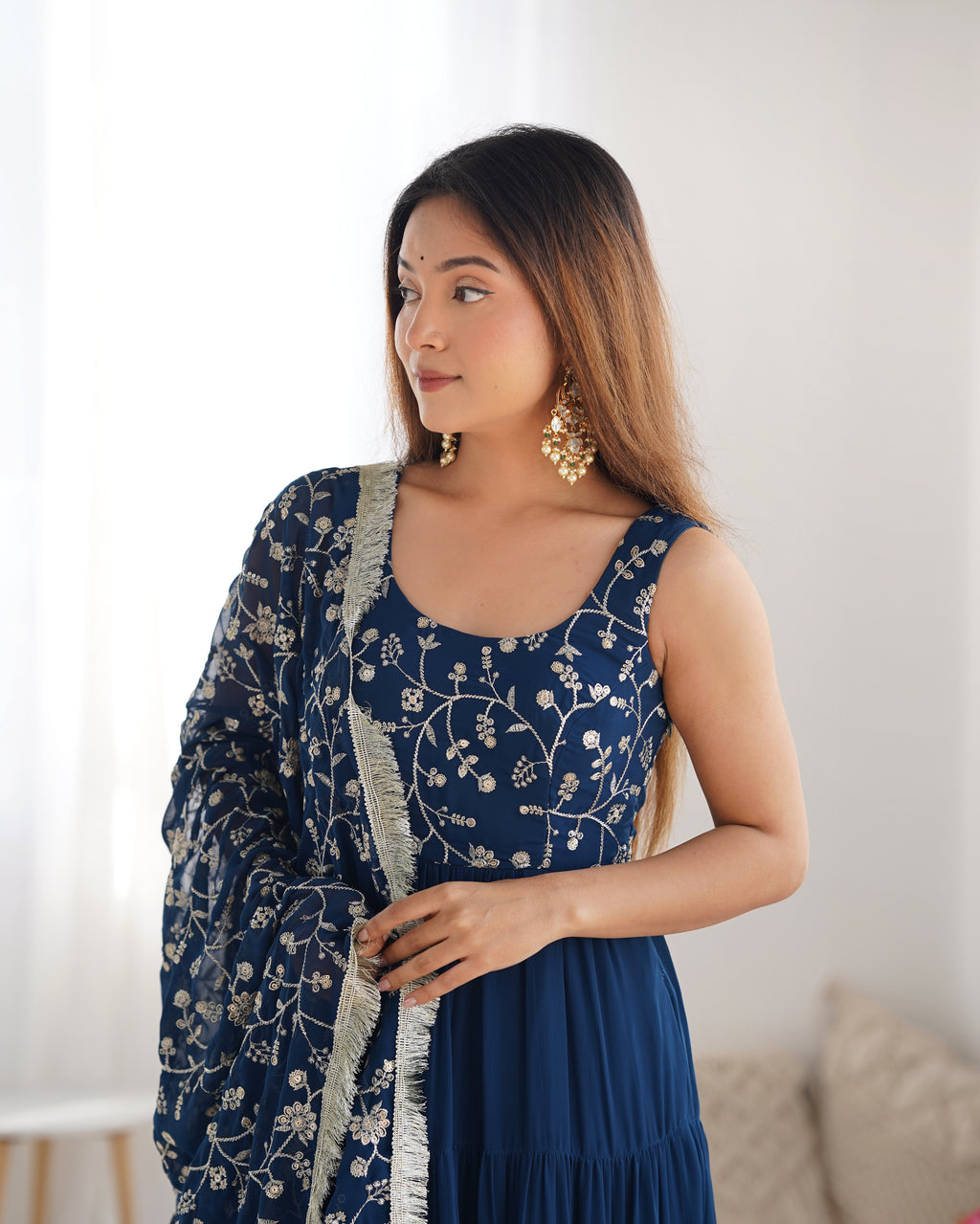 Navy Blue Embroidered Anarkali Kurta set with Tiered Skirt and Matching Dupatta