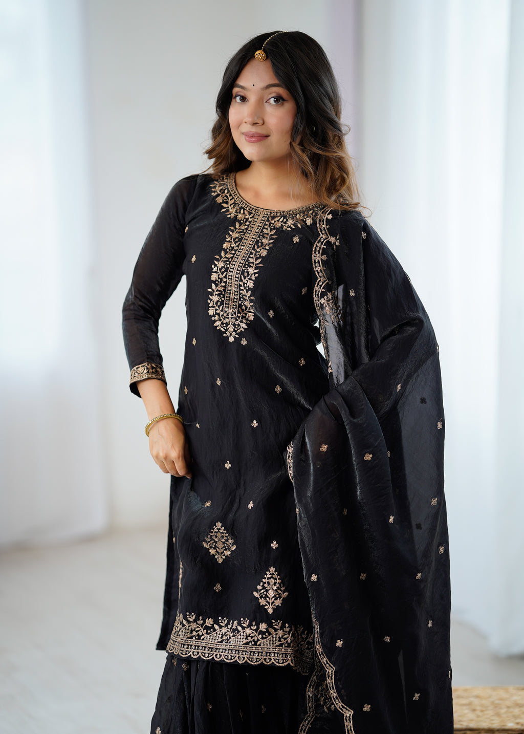 Elegant Embroidered Soft Crunchy Silk Sharara Suit Set with Dupatta