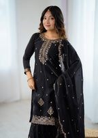 Elegant Embroidered Soft Crunchy Silk Sharara Suit Set with Dupatta