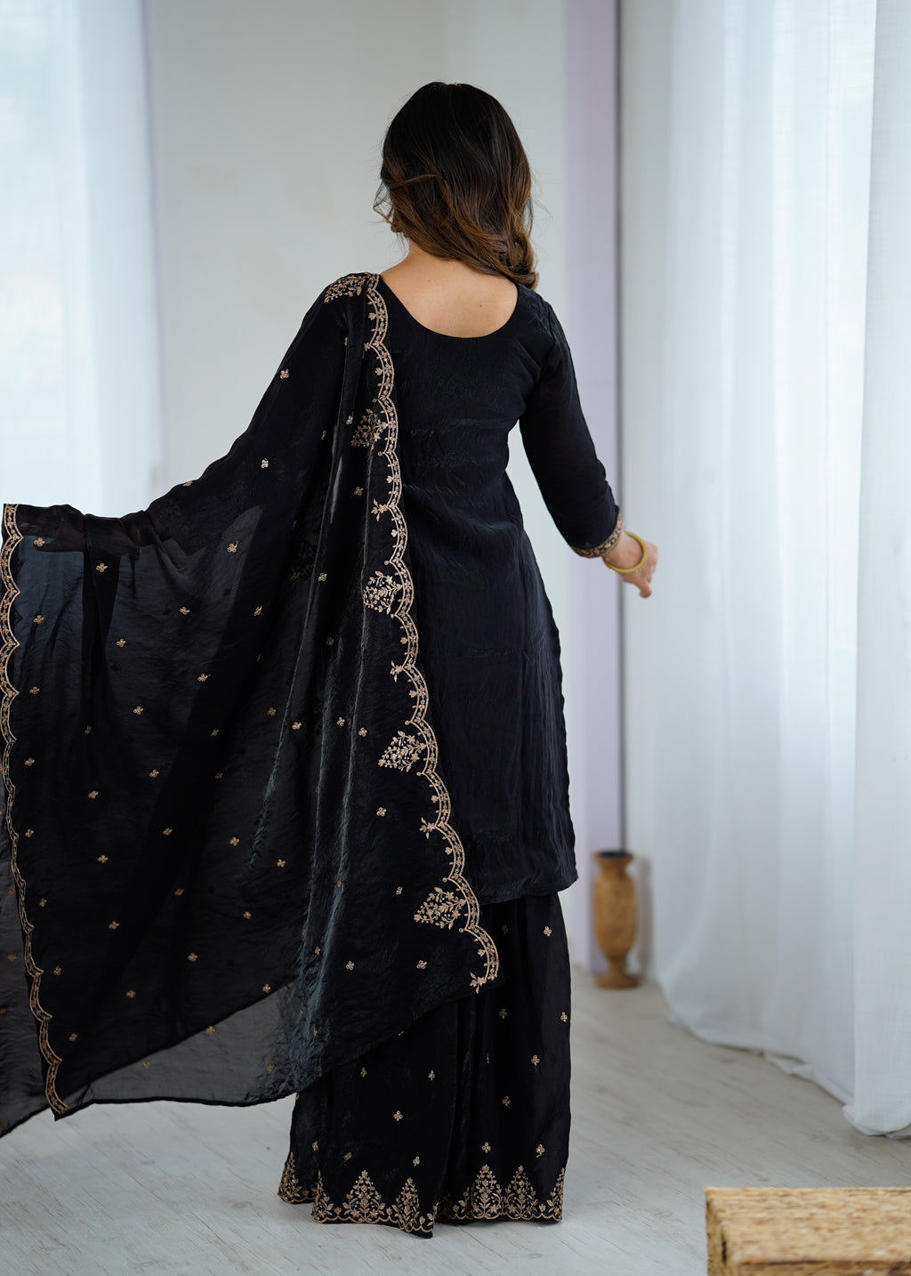 Elegant Embroidered Soft Crunchy Silk Sharara Suit Set with Dupatta