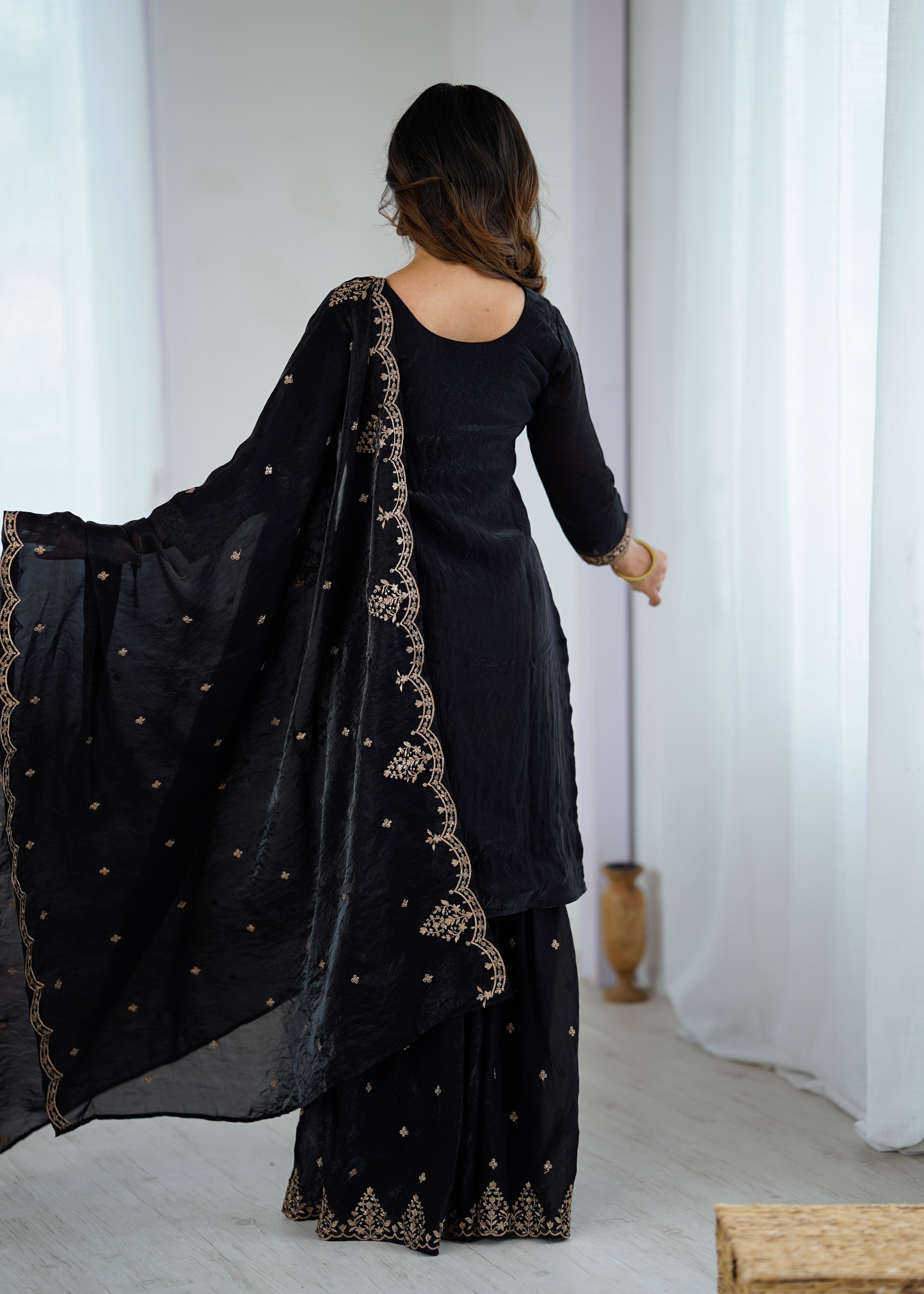 Elegant Embroidered Soft Crunchy Silk Sharara Suit Set with Dupatta