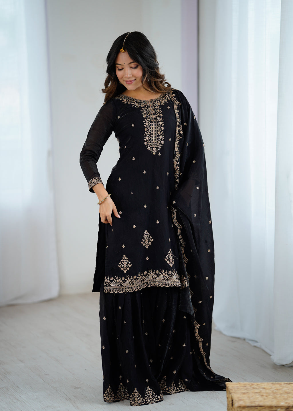 Elegant Embroidered Soft Crunchy Silk Sharara Suit Set with Dupatta