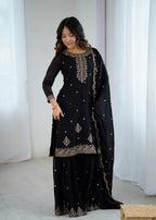 Elegant Embroidered Soft Crunchy Silk Sharara Suit Set with Dupatta