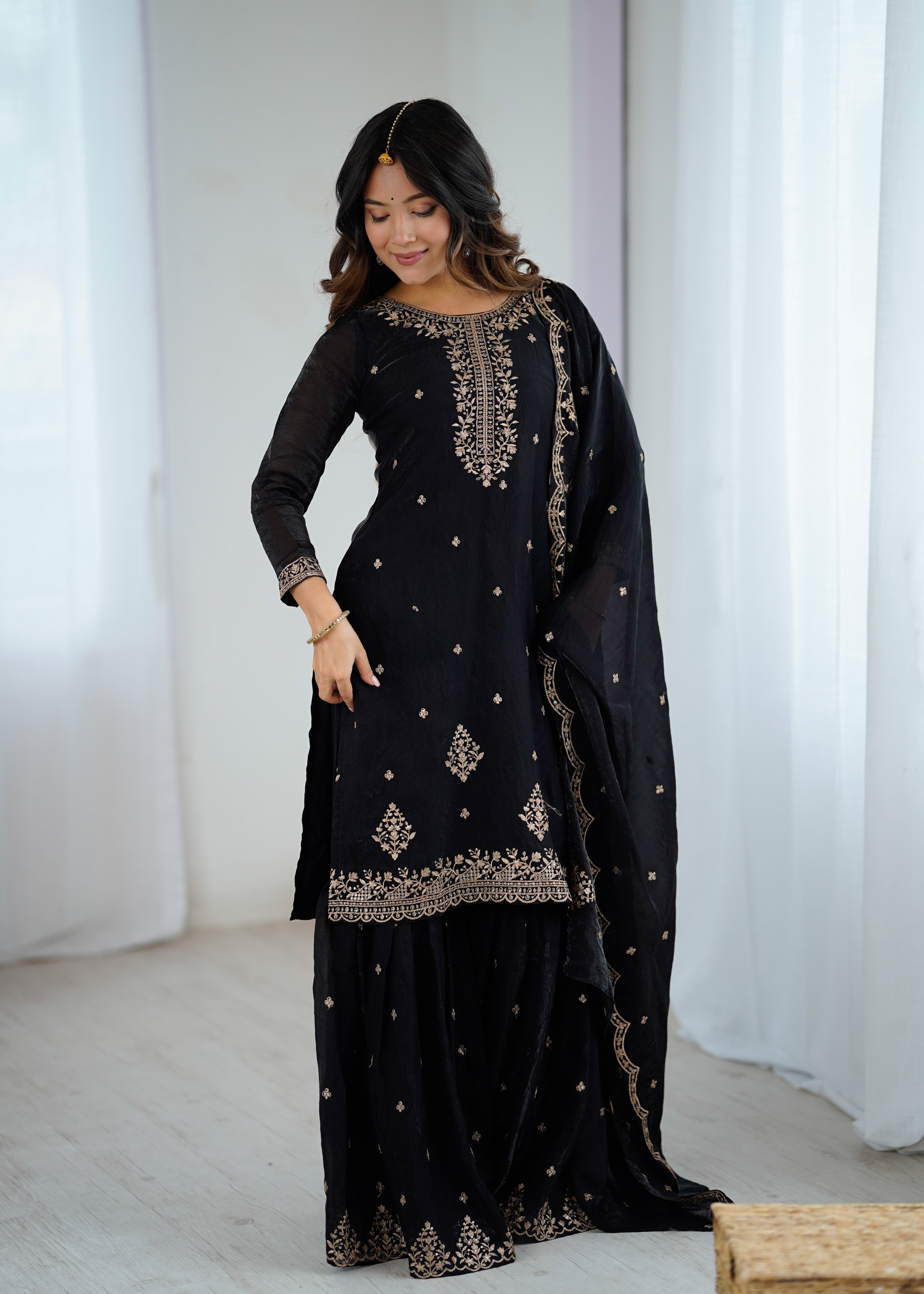 Elegant Embroidered Soft Crunchy Silk Sharara Suit Set with Dupatta