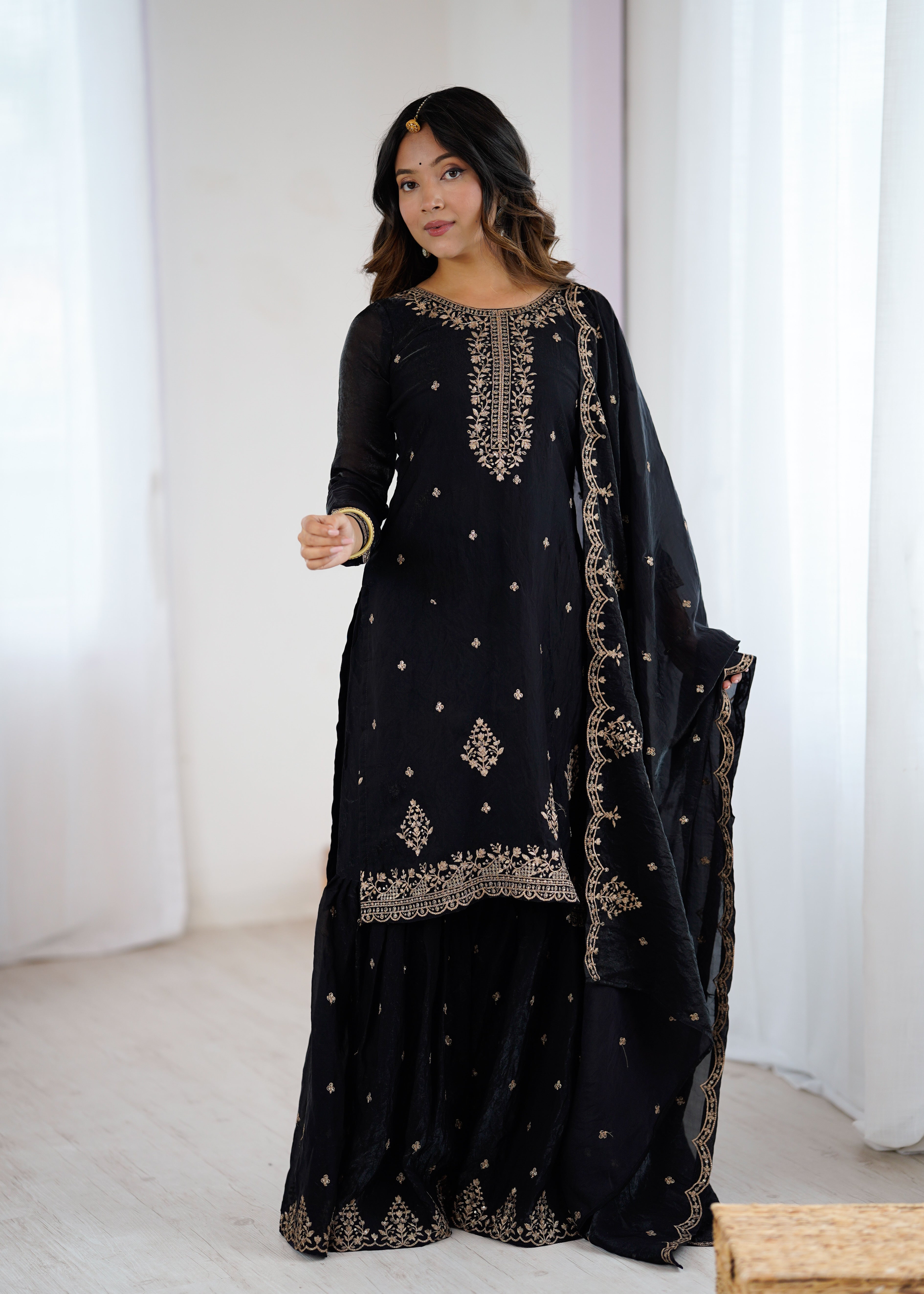 Elegant Embroidered Soft Crunchy Silk Sharara Suit Set with Dupatta