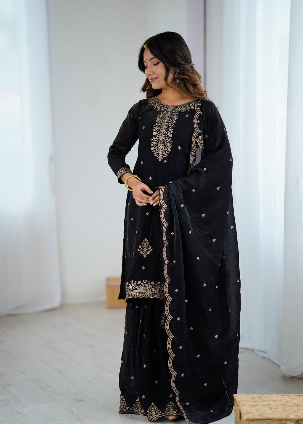 Elegant Embroidered Soft Crunchy Silk Sharara Suit Set with Dupatta