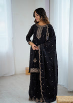 Elegant Embroidered Soft Crunchy Silk Sharara Suit Set with Dupatta