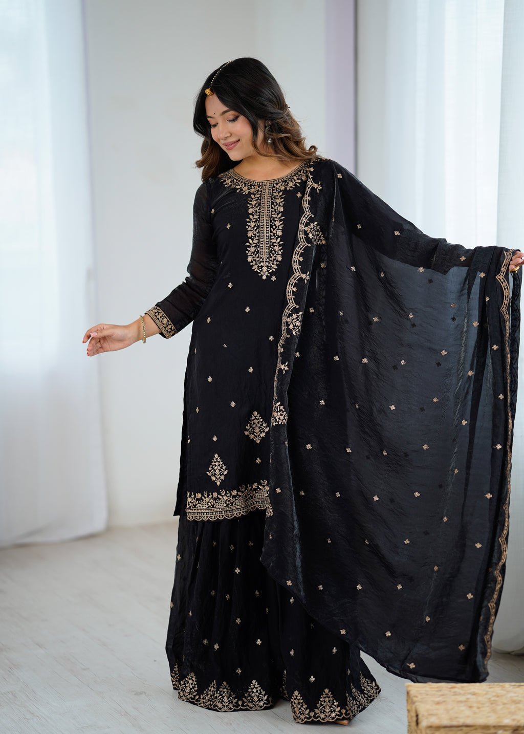 Elegant Embroidered Soft Crunchy Silk Sharara Suit Set with Dupatta