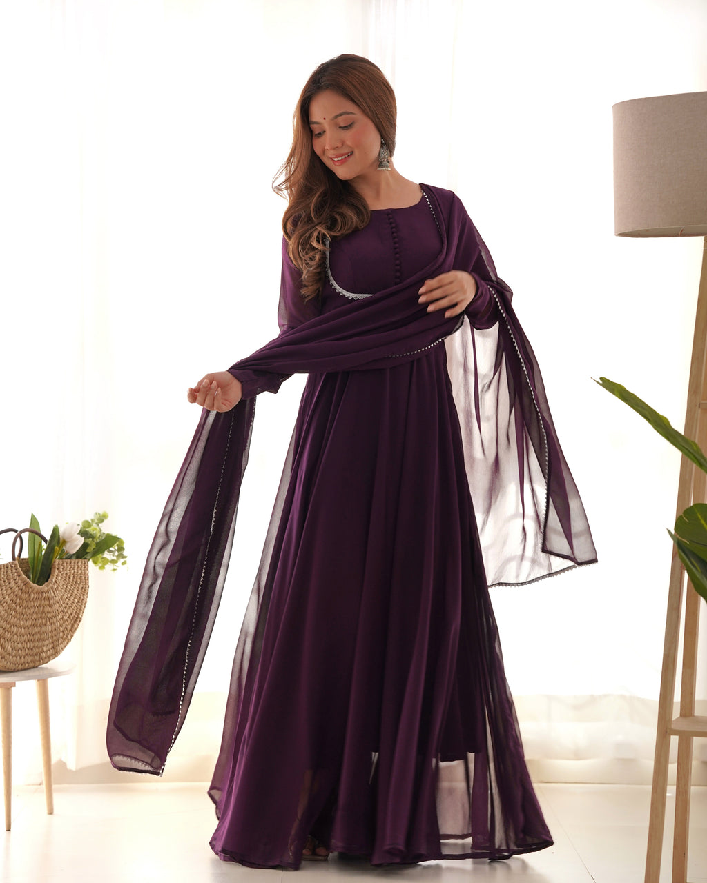 Elegant Georgette Flared Anarkali Gown with Dupatta –Purple Party Wear Dress