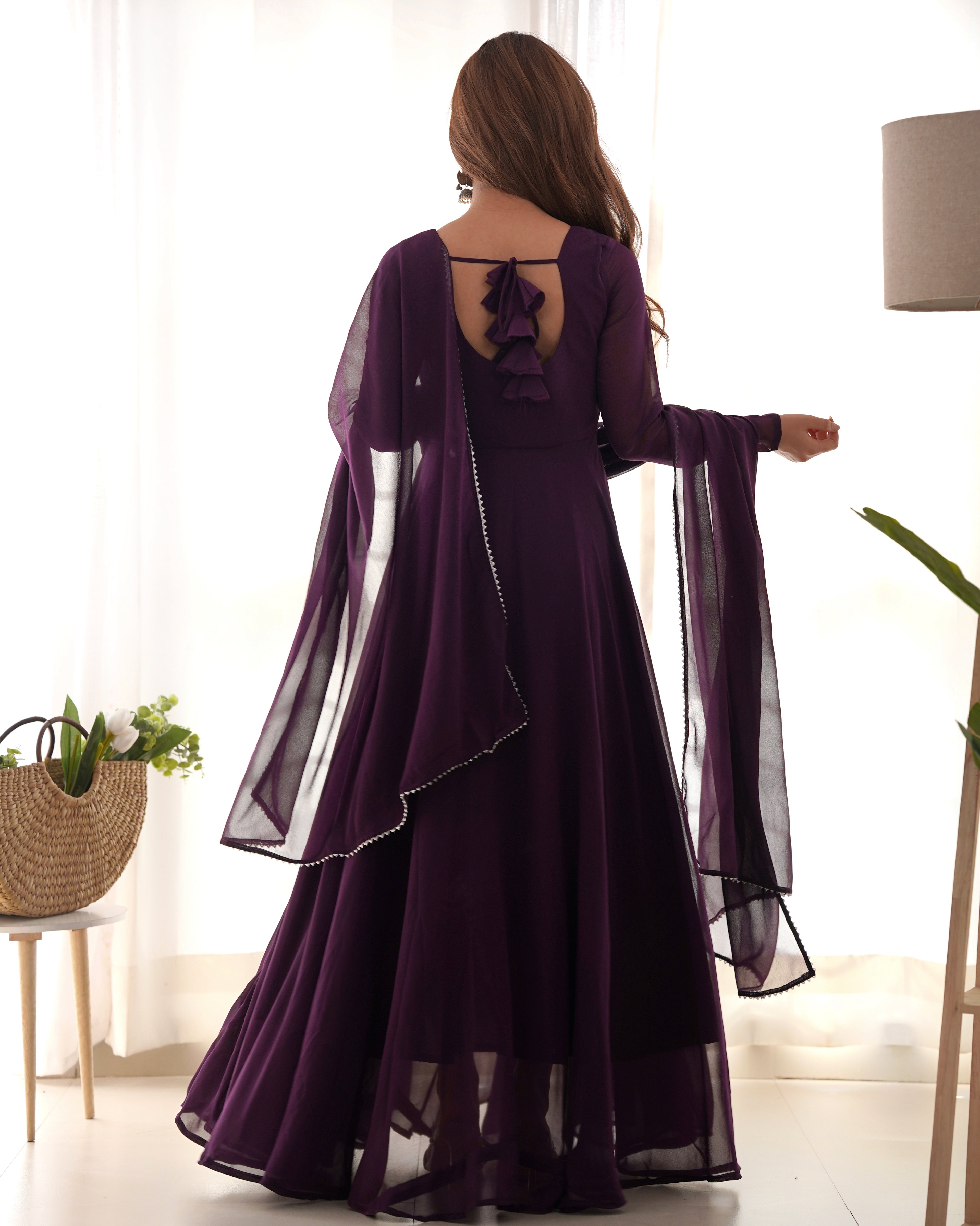 Elegant Georgette Flared Anarkali Gown with Dupatta –Purple Party Wear Dress