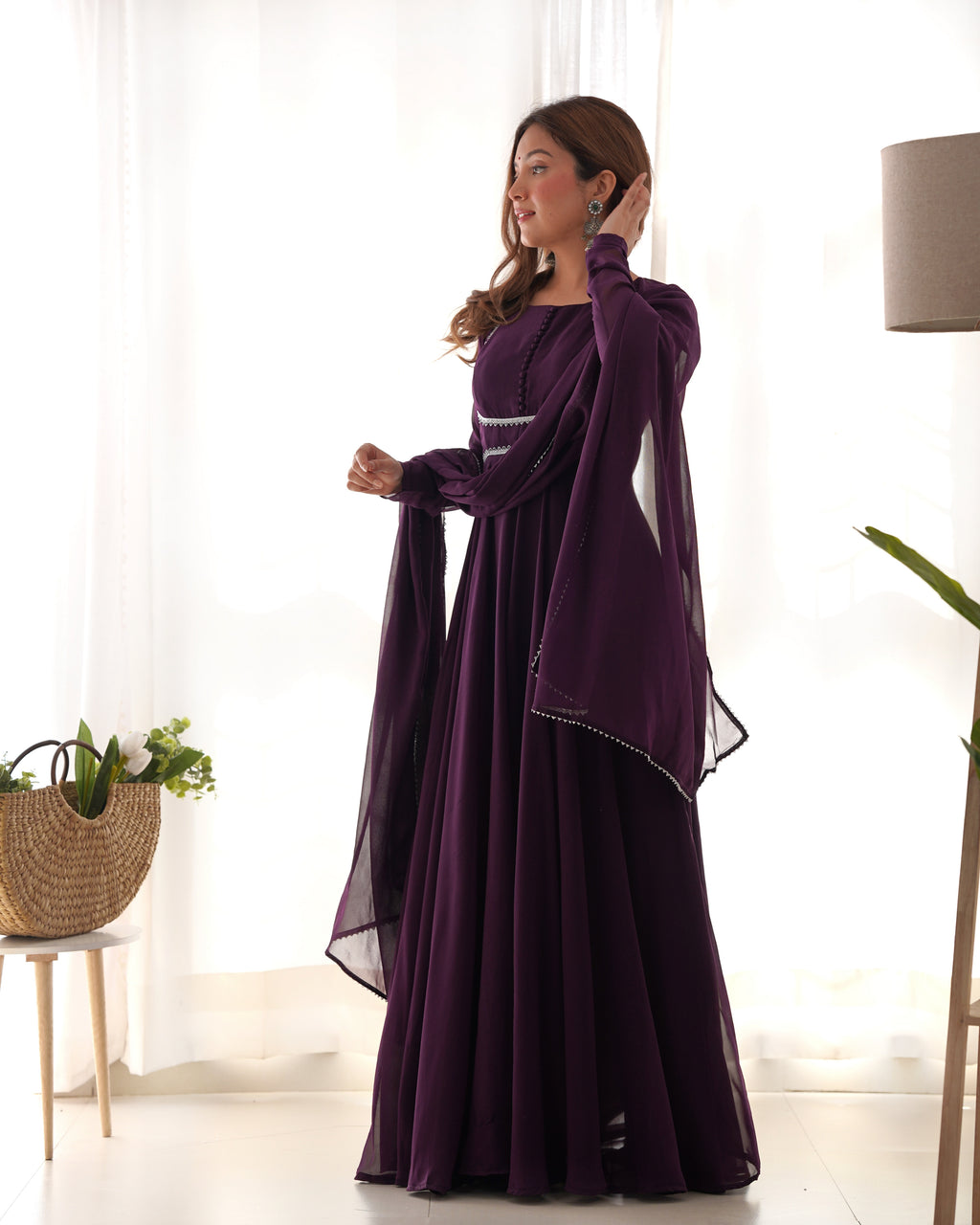 Elegant Georgette Flared Anarkali Gown with Dupatta –Purple Party Wear Dress