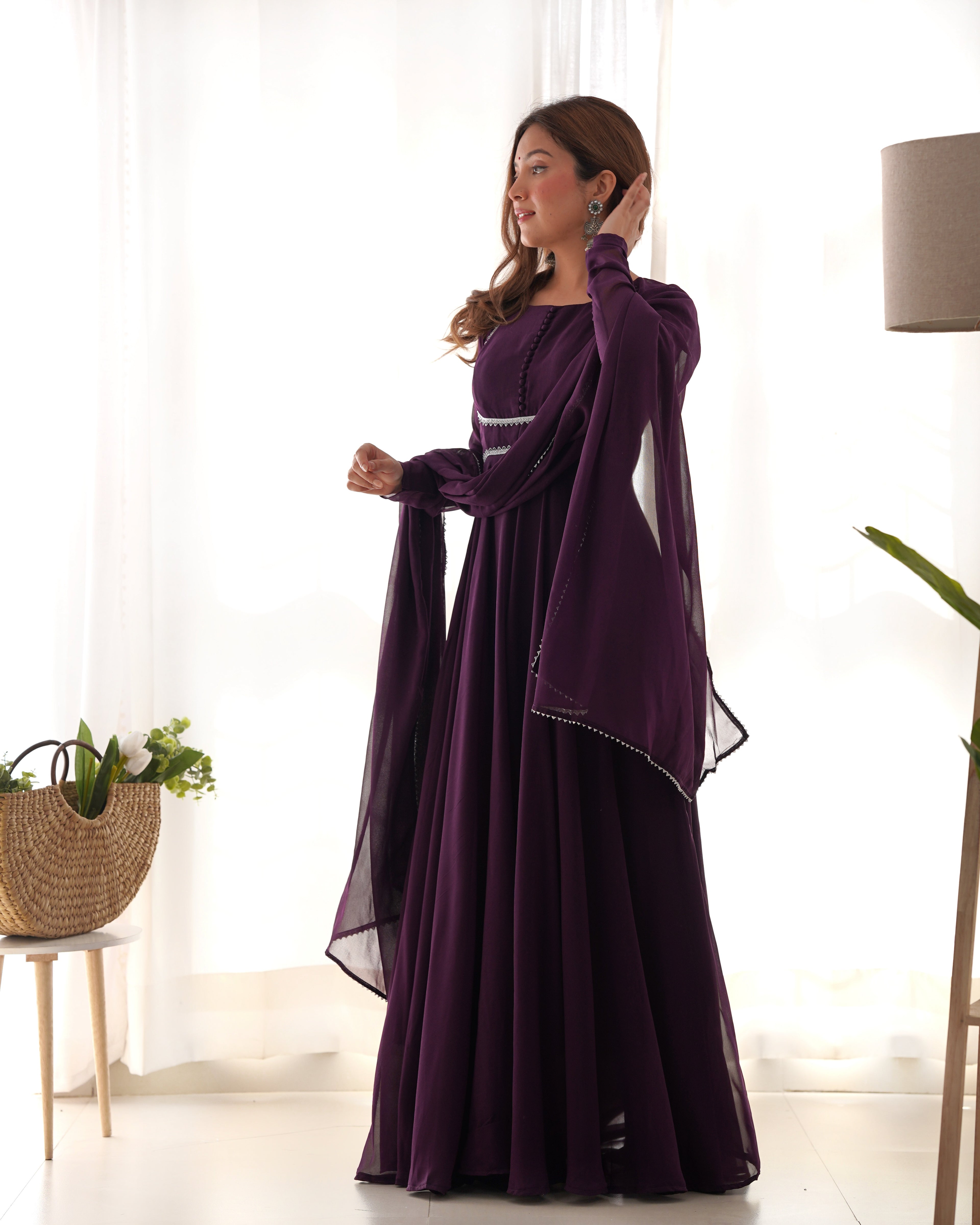 Elegant Georgette Flared Anarkali Gown with Dupatta –Purple Party Wear Dress