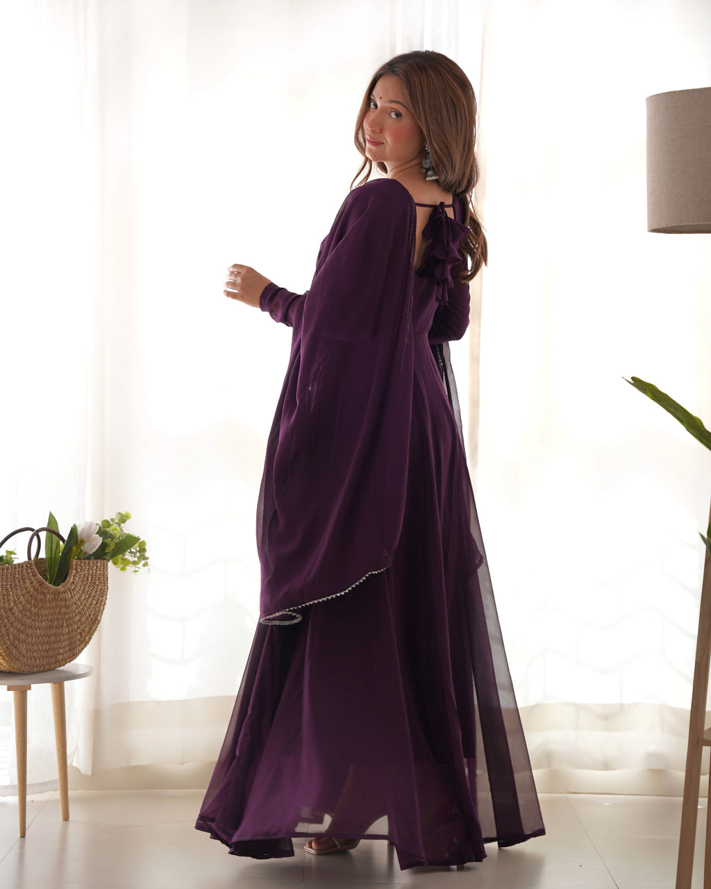 Elegant Georgette Flared Anarkali Gown with Dupatta –Purple Party Wear Dress