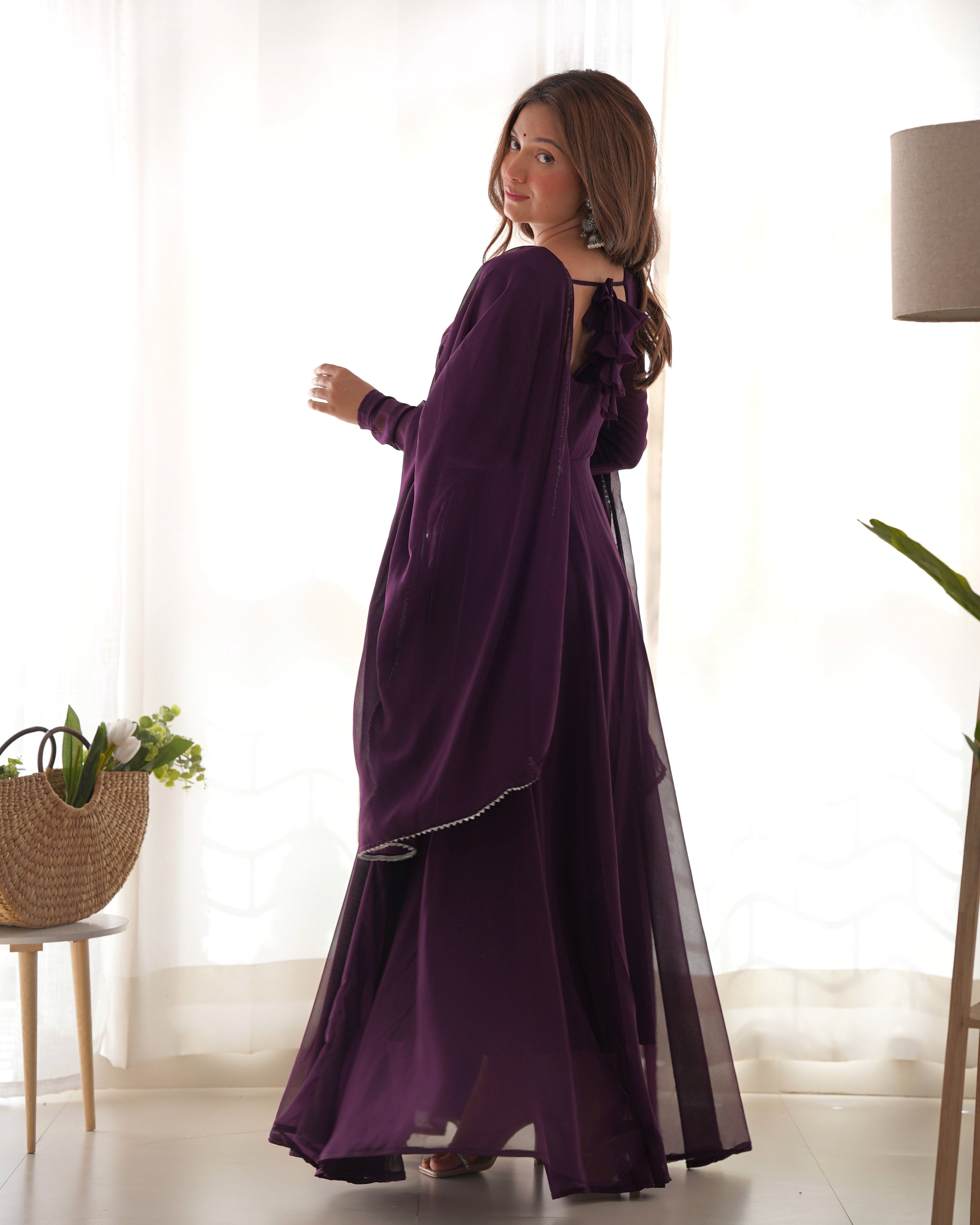 Elegant Georgette Flared Anarkali Gown with Dupatta –Purple Party Wear Dress