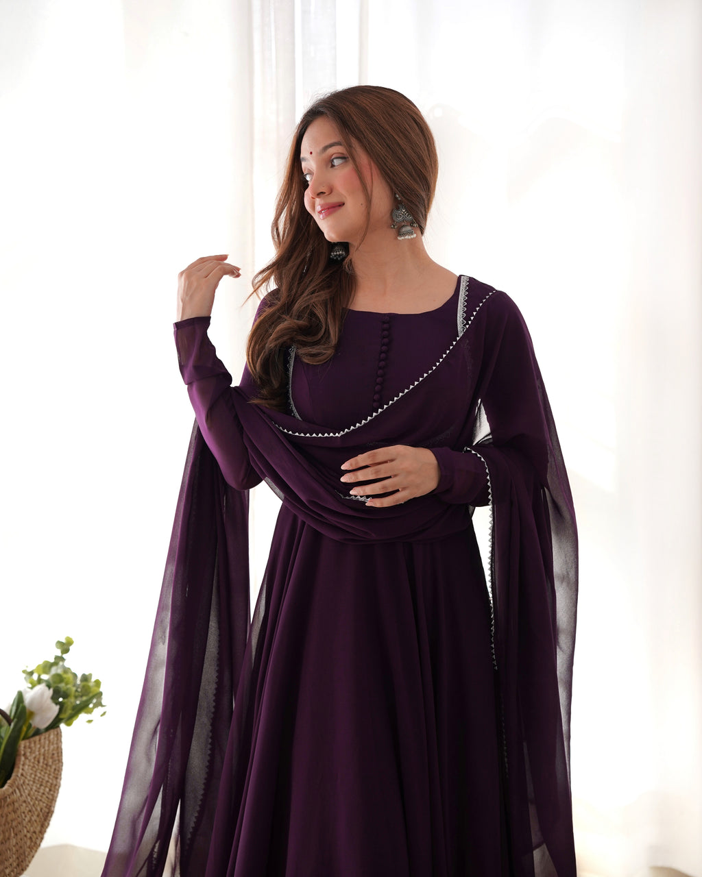 Elegant Georgette Flared Anarkali Gown with Dupatta –Purple Party Wear Dress