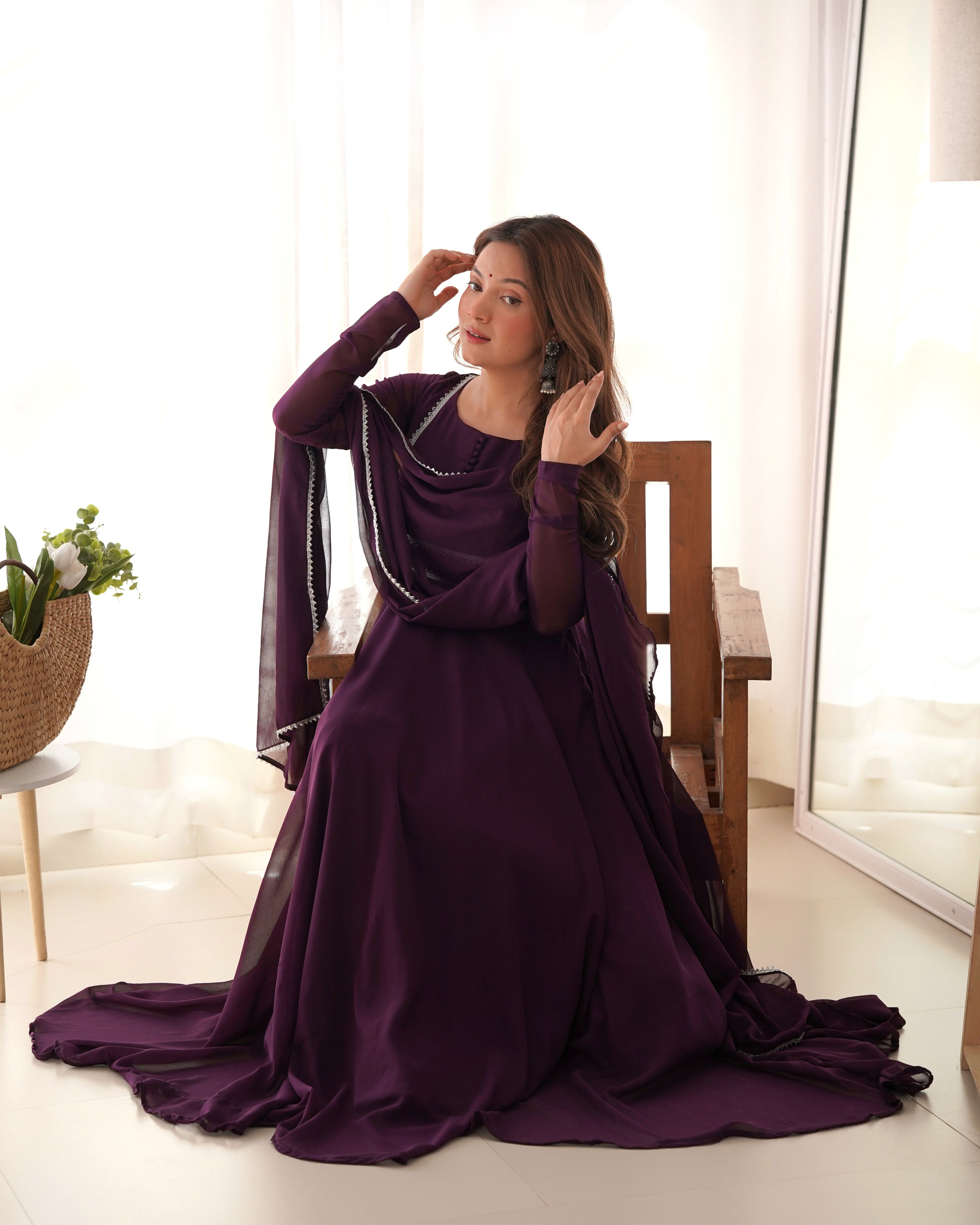 Elegant Georgette Flared Anarkali Gown with Dupatta –Purple Party Wear Dress