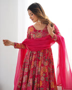 Rani Pink Floral Printed Anarkali Kurta with Sharara and Organza Dupatta Set