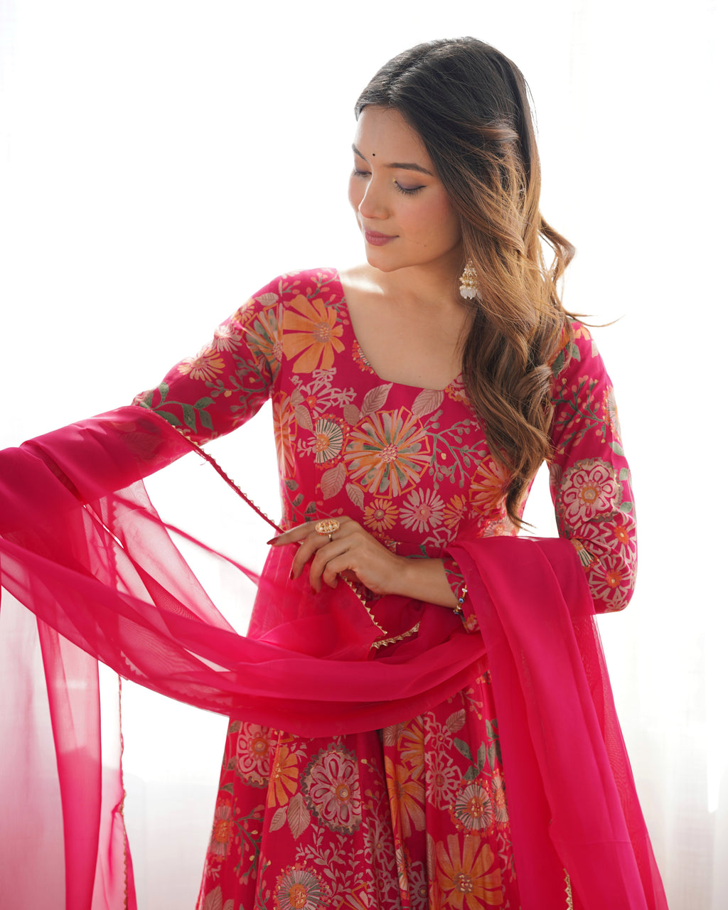 Rani Pink Floral Printed Anarkali Kurta with Sharara and Organza Dupatta Set