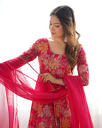 Rani Pink Floral Printed Anarkali Kurta with Sharara and Organza Dupatta Set