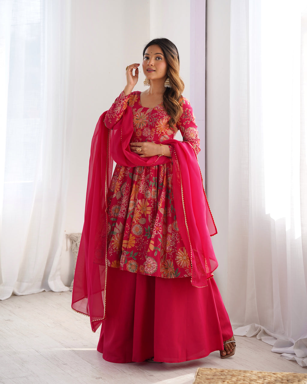 Rani Pink Floral Printed Anarkali Kurta with Sharara and Organza Dupatta Set