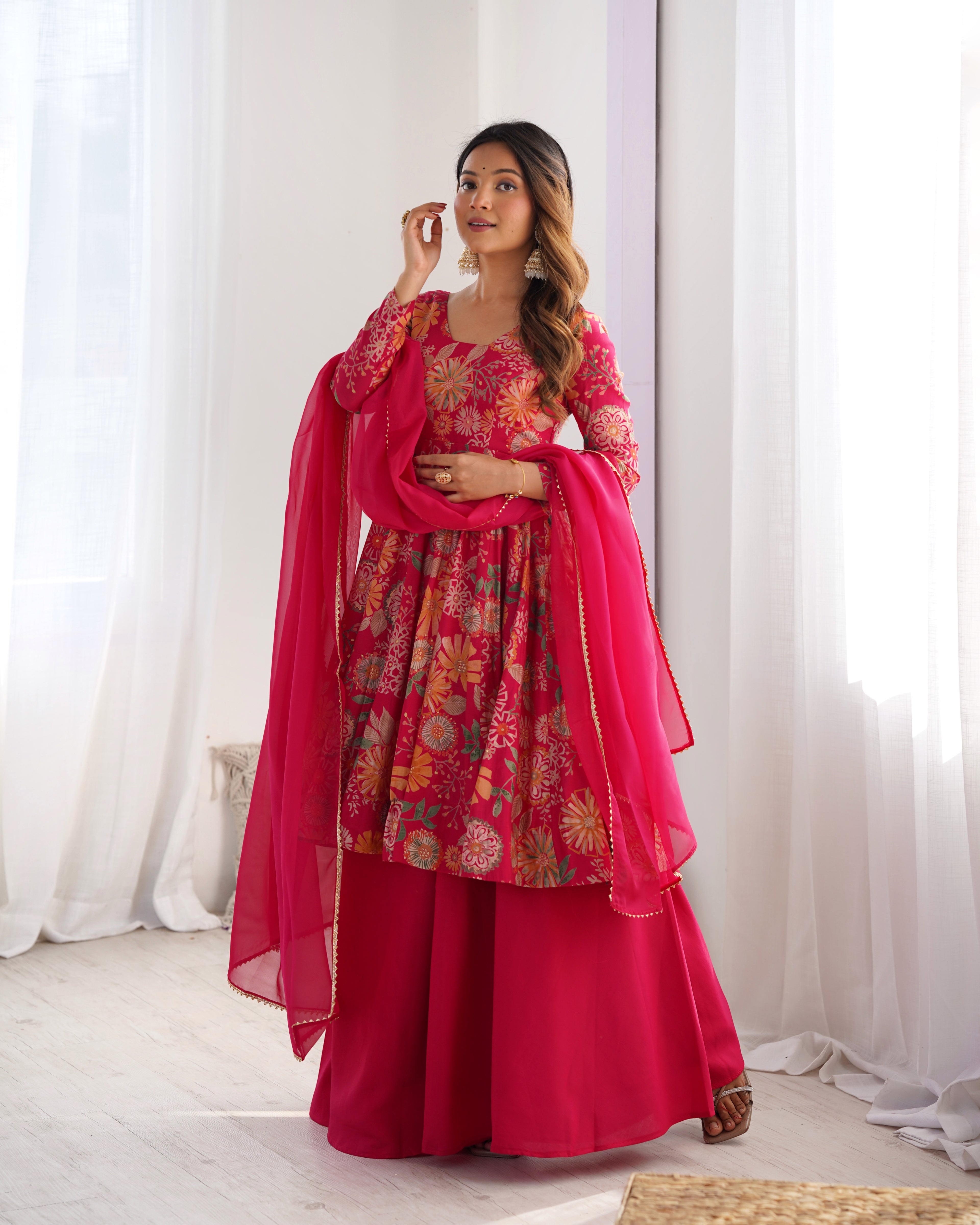 Rani Pink Floral Printed Anarkali Kurta with Sharara and Organza Dupatta Set