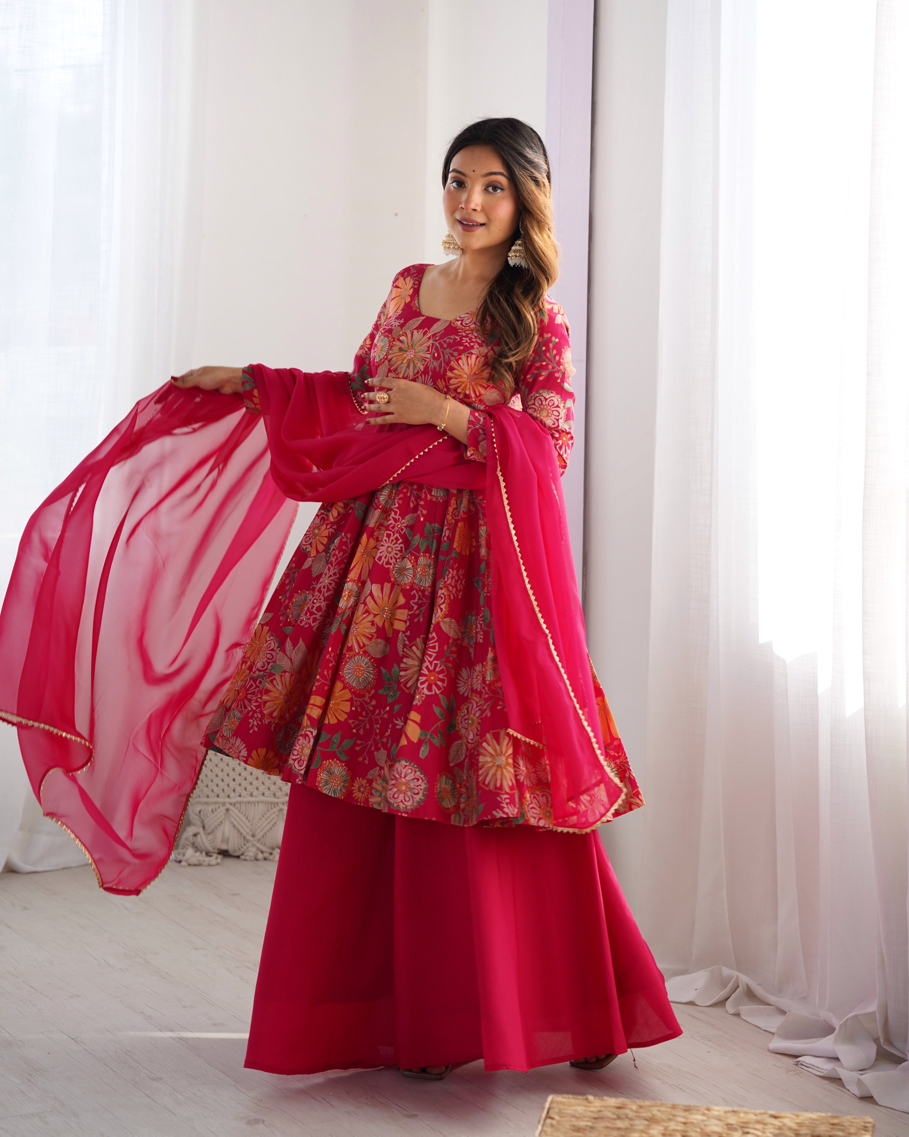 Rani Pink Floral Printed Anarkali Kurta with Sharara and Organza Dupatta Set