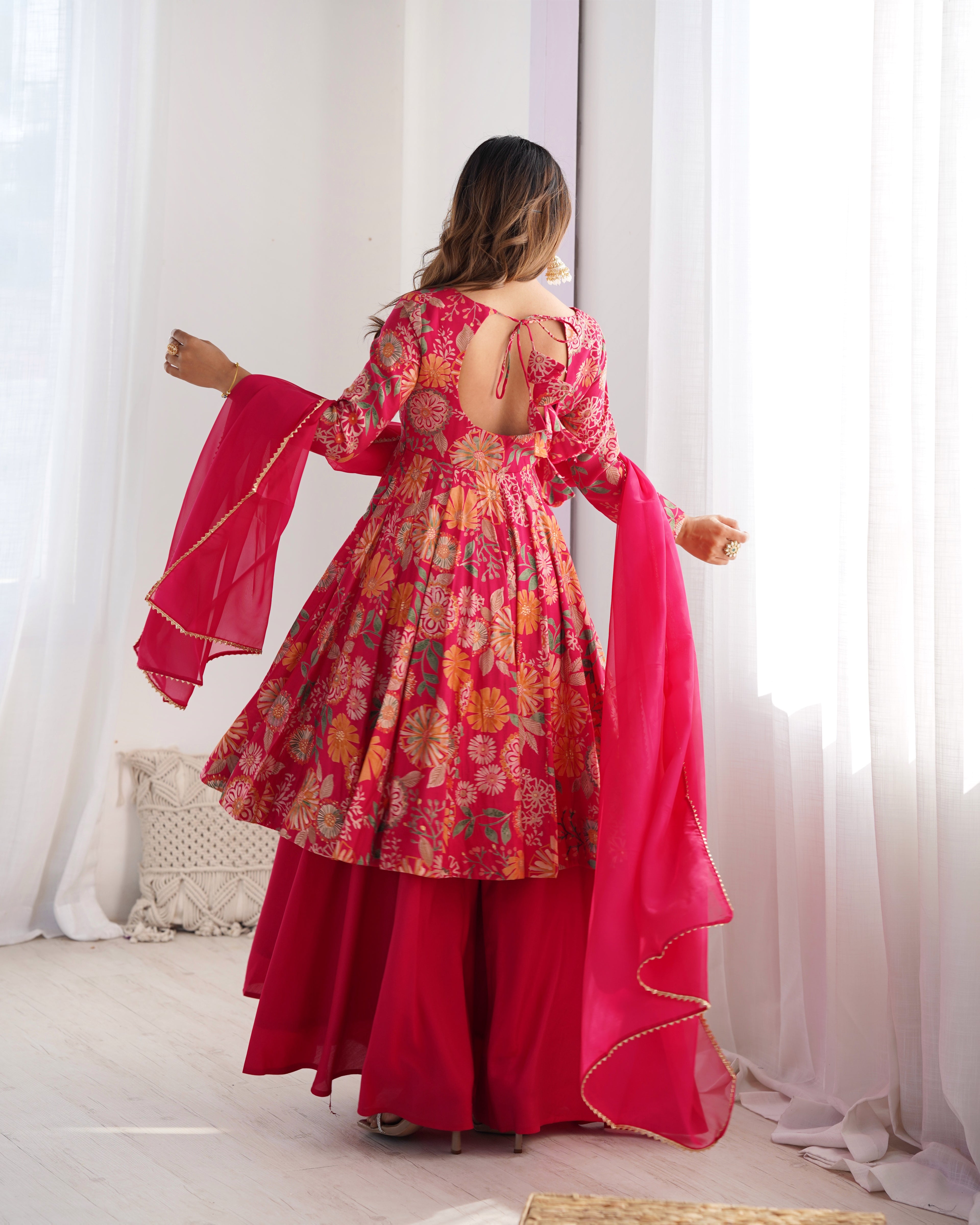 Rani Pink Floral Printed Anarkali Kurta with Sharara and Organza Dupatta Set