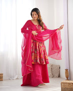Rani Pink Floral Printed Anarkali Kurta with Sharara and Organza Dupatta Set