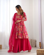 Rani Pink Floral Printed Anarkali Kurta with Sharara and Organza Dupatta Set